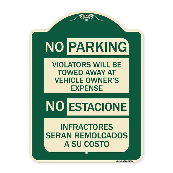 Signmission No Parking Violators Will Be Towed Away at Vehicle Owners Expense No Estacione Infra, G-1824-23594 A-DES-G-1824-23594 - main